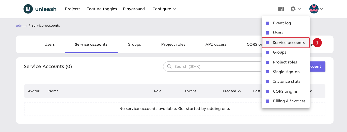 The admin UI navigation settings submenu with the Service accounts item highlighted.